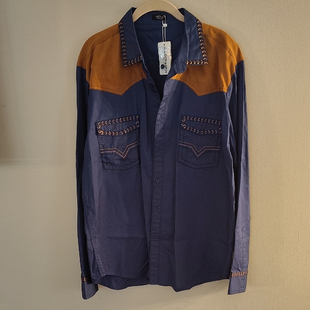NWT Coofandy XL men's western cowboy country vaquero blue camel dress shirt